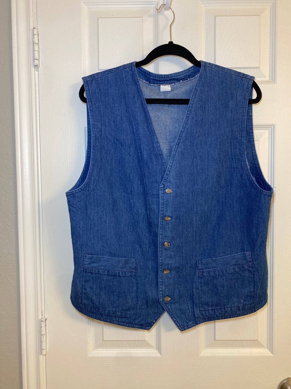 Vintage 80s 90s Blue Denim Vest Size L Made in USA Cotton Button Front Waistcoat